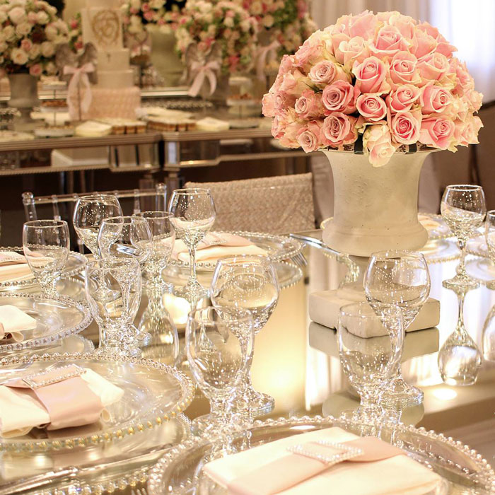 pink and white decorated ballroom