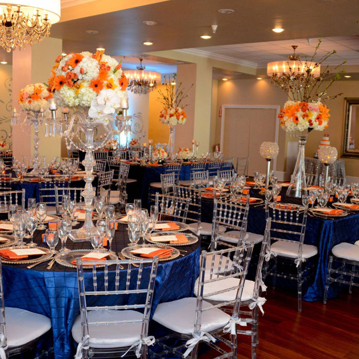 blue and orange decorated ballroom